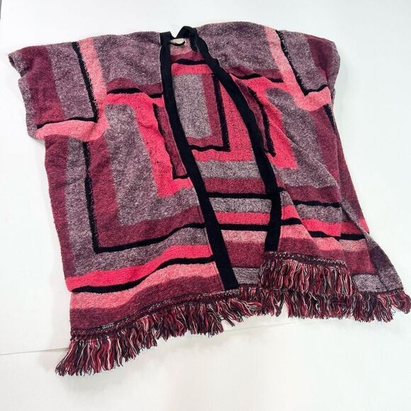 Lucky Brand Sweater Womens Size M/L Red Open Wrap Poncho Cape Bat Wing Fryed Hem - Picture 1 of 8